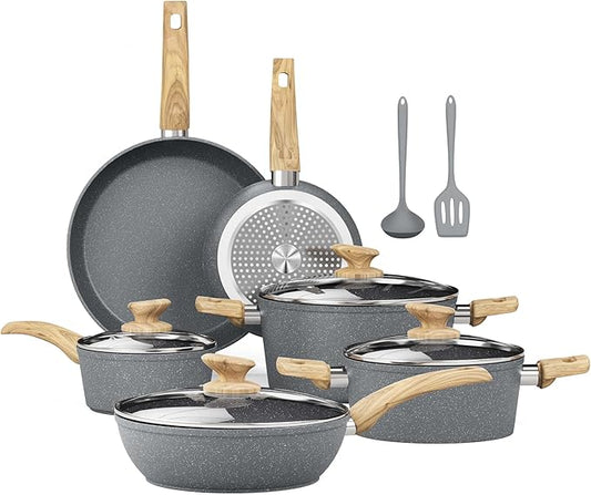 Kitchen Academy Induction Cookware Sets - 12 Piece Gray Cooking Pan Set, Granite Nonstick Pots and Pans Set by KITCHENACADEMYBETTERLIVINGTHROUGHCOOKINGPERFECTION