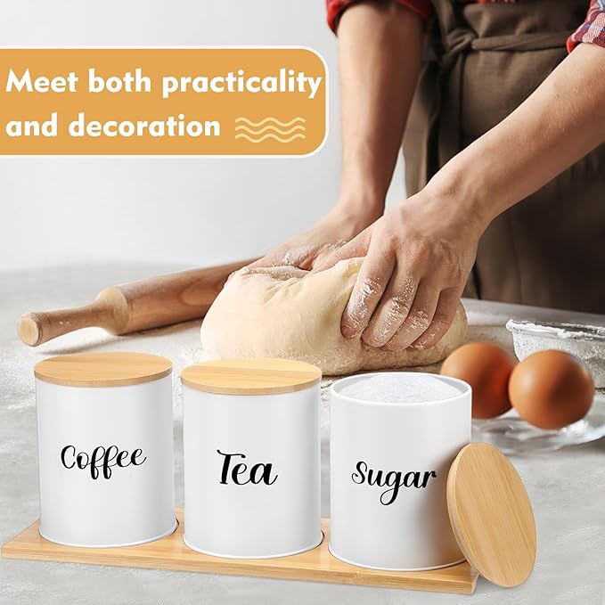Reallnaive Coffee Tea Sugar Container Set with Tray, Set of 3 Airtight Metal Canister with Bamboo Lids, Farmhouse Kitchen Counter Organizer for Coffee Bar and Drink Station (White)