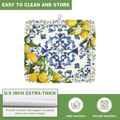 Lemon Dish Drying Mat 18x16 Inch, Blue Tiles Drying Mat with Absorbent Reversible Microfiber, Italian Olive Tree Dish Drainer Mats Summer Rack Pad for Coffee Countertop Kitchen Protector