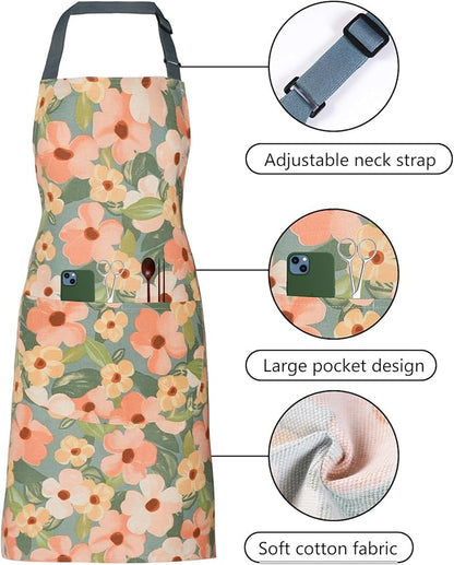 2 Pack Floral Apron for Women with Pockets, Adjustable Cotton Chef Aprons for Kitchen, Cooking, BBQ & Grill