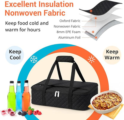 Insulated Casserole Carrier Portable Food Tote for Hot or Cold – Fits 9"x13" Baking Dish, Lasagna Holder for Parties, Picnic, Travel, Beach - Black
