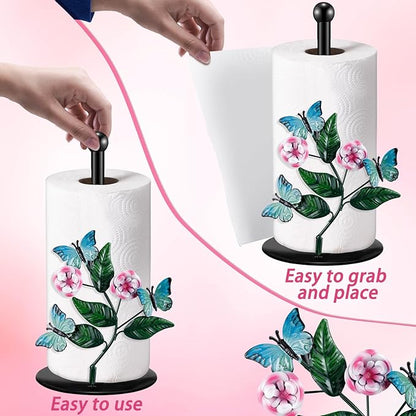 Peryiter Flower Paper Towel Holder Butterfly Kitchen Decoration Countertop Spring Farmhouse Decorative Accessory Black Metal Paper Towel Stand Weighted Base for Women Mom Grandma