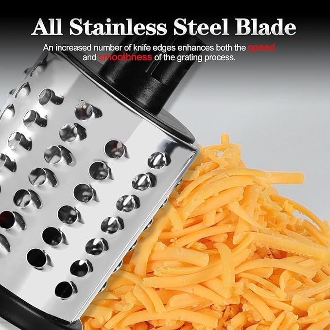 Ourokhome Rotary Cheese Grater Hand Crank, Kitchen Shredder Speed Mandolin Slicer Nuts Grinder with Handle and Drum Blades for Cheese, Vegetable, Walnuts, Chocolate, Potato, 3 Blades, White Black - Image 8