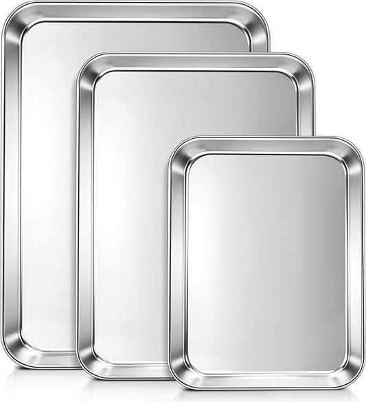 LIANYU Baking Sheet Pans Set of 3, Stainless Steel Cookie Sheets for Baking, 17.5/16/12.4 Inch, Half/Quarter/Jelly Roll Pans for Oven, Mirror Finish Metal Tray, Heavy Duty & Rust Resistant by LIANYU