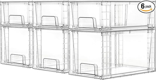 Vtopmart 6 Pack Clear Stackable Storage Drawers,Easy to Assemble Bathroom Organizers and Storage with handles,Plastic Drawers for Kitchen Pantry,Cabinet,Under Sink Organization by Vtopmart