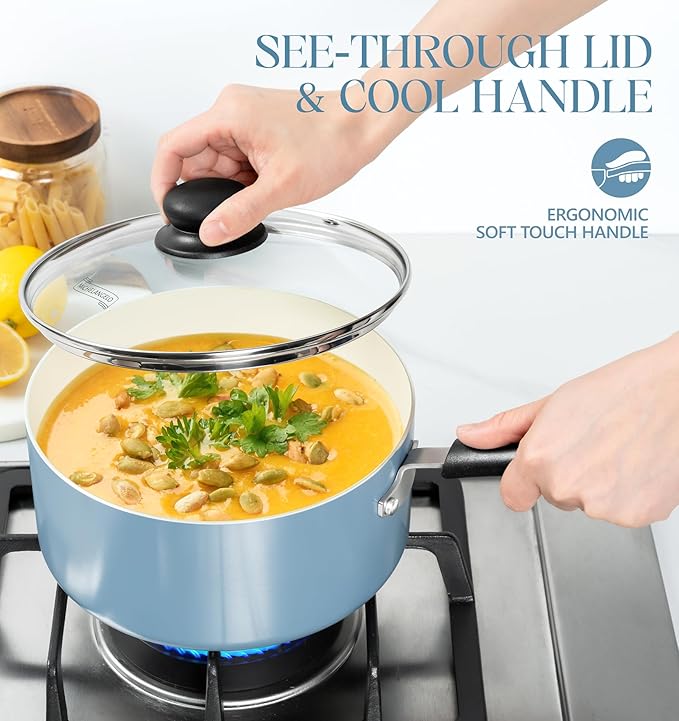 MICHELANGELO Nonstick Sauce Pan with Lid, Ceramic Saucepan Set, Non Toxic Small Saucepans Sets with Stay-Cool Handle, Induction Pots For Cooking, PTFE & PFOA Free - 1Qt & 2Qt & 3Qt, Blue - Image 4