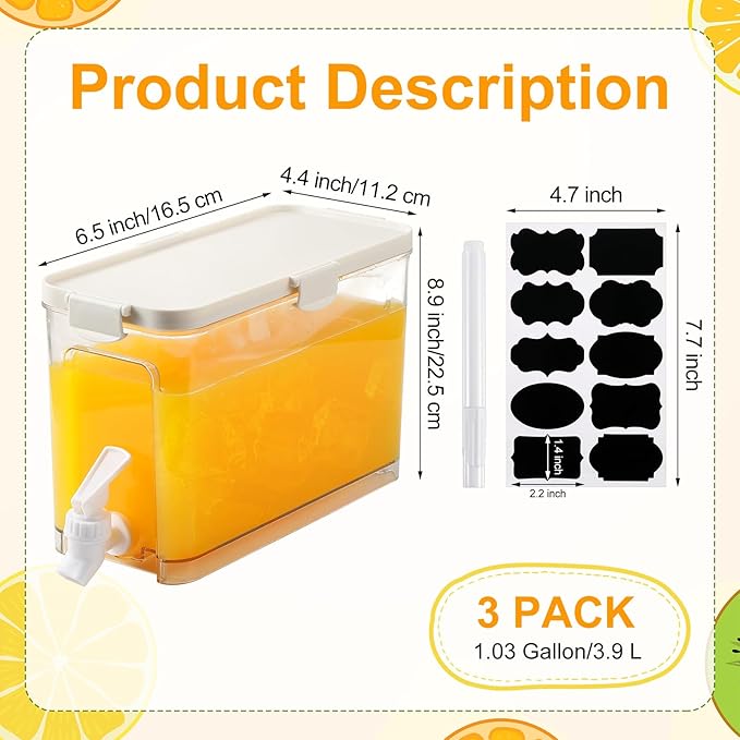 Mumufy 3 Set Plastic Drink Dispensers for Parties Beverage Dispenser for Fridge with Spigot Iced Juice Lemonade Container with Labels and Pens Summer Party Supplies(1 Gallon,White) - Image 2