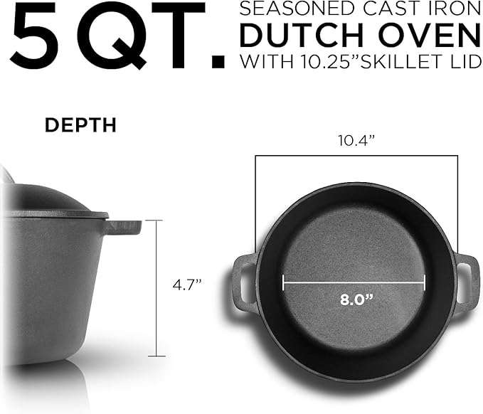 Commercial Chef 5-Qt. Dutch Oven with Lid, Pre-Seasoned Cast Iron, Integrated Handles, Works on All Cooktops Including Induction, Outdoor Cookware for Campfires or Grills, CHFL545 - Image 5