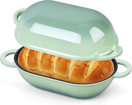 Homikit Enameled Cast Iron Dutch Oven for Bread Baking, 2.8 QT Oval Bread Oven Pot with Lid, 9.5 x 5.7 Inch Sourdough Loaf Baking Pan for Homemade Bread, Heavy Duty & Oven Safe, Pistachio Green