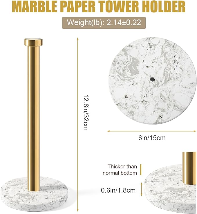 Koville Paper Towel Holder Countertop, Marble and Brass Standing Paper Roll Holder, Heavy Stone Paper Towel Holder with 6" Weighted Marble Base for Kitchen Bathroom(Arabescato Argento)