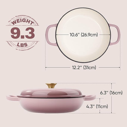 3 Quart Enameled Cast Iron Braiser, Non Stick Enameled Cast Iron Skillet with Lid, Dutch Oven Skillet with lid up to 500°F for Oven, Stove, Grill, Shallow Dutch Oven for Cook, Bake (Pink)