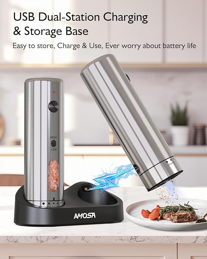 Electric Salt and Pepper Grinder Set, Upgraded 2-Speed Setting, External 6 Adjustable Coarseness, USB C Dual Rechargeable Base, All Stainless Steel Automatic Salt & Pepper Mill Shakers with LED Light - Image 5