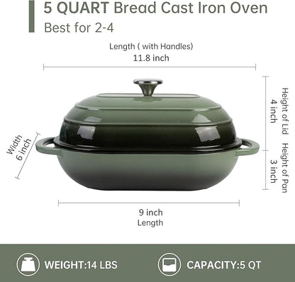Premium Enameled Cast Iron Dutch Oven for Bread Baking | Non-Stick 5QT Oval Bread Oven with Lid | Perfect for Sourdough, Loaf, and Artisan Baking (Oval Green, 5 QT)