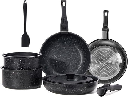 NEWBULIG 12-Piece Nonstick Cookware Set, Detachable Handle Pots and Pans, Induction Compatible Cookware, Dishwasher & Oven Safe, Space-Saving Kitchen Set, Black