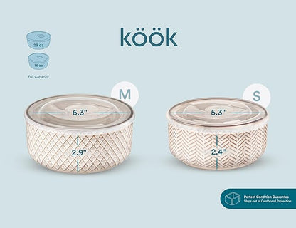KooK Serving Bowls, with Lids, Ceramic Nesting Bowls, Set of 4, Embossed, Kitchen, Prep, Stackable, Gift, Microwave and Dishwasher Safe, 16/29/47/70 oz, Narbonne Collection (Ivory) - Image 9