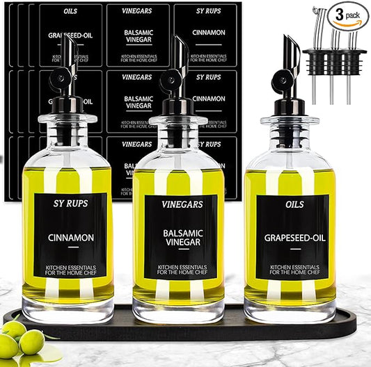 3PCS Olive Oil Dispenser Bottle For Kitchen, Soy Sauce Dispenser, Glass Oil and Vinegar Dispenser Set W. Wooden Tray & Labels & 3 Replacement Spouts, Coffee Syrup Dispenser(Clear) by GYOSUGANG