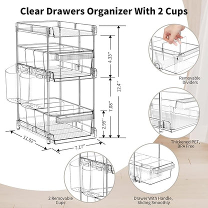 Clear Bathroom Organizers 2 Sets 3 Tier, Pull Out Organizer and Storage with 2 Cups, Slide Out Drawer Storage Container with 6 Dividers, Multi-Purpose Bathroom Organizer, Kitchen Under Sink Organizer