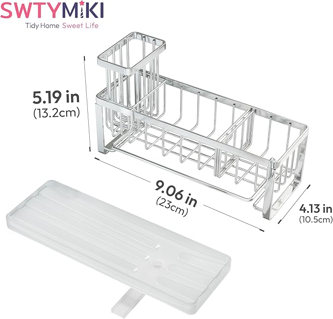 SWTYMIKI Sponge Holder for Kitchen Sink - Sink Caddy with Brush Holder Self-draining Sponge Caddy Organizer with Divider Stainless Steel Kitchen Accessories Storage for Countertop, Silver - Image 7