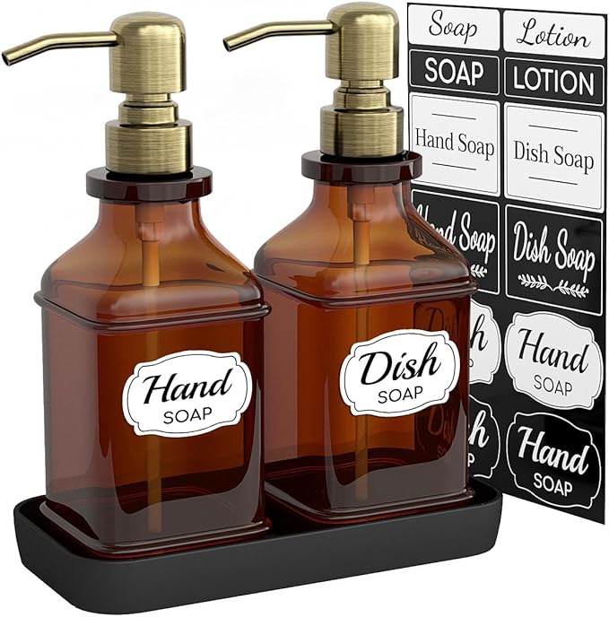 LMQML Soap Dispenser - 2 Pack, Antique Design Thick Amber Glass Hand Soap Dispensers with Sturdy Tray; 304 Rust Proof Stainless Steel Black Pump, 12Pcs Stickers, for Kitchen, Bathroom - Brushed Gold by LMQML