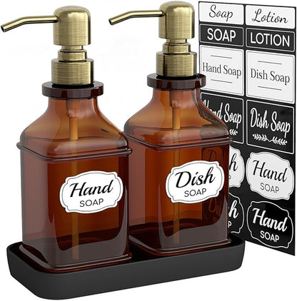 LMQML Soap Dispenser - 2 Pack, Antique Design Thick Amber Glass Hand Soap Dispensers with Sturdy Tray; 304 Rust Proof Stainless Steel Black Pump, 12Pcs Stickers, for Kitchen, Bathroom - Brushed Gold by LMQML