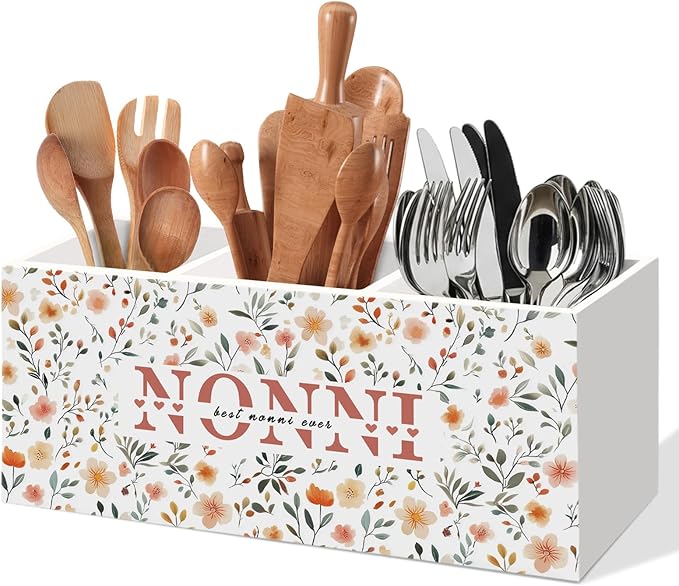 Best Nonni Ever Gifts Kitchen Utensil Holder, Mothers Day Birthday Gift for Grandma from Grandkids, Grandma Gifts for Mimi Nana, Nonni Gift Floral Wooden Cooking Utensil Holder