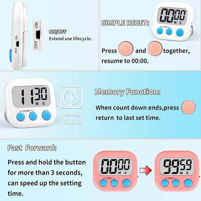 Timer for Kids Teachers Digital Kitchen Timers for Cooking Large Magnetic Classroom Timer 4Pack-White Pink