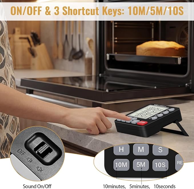 Digital Dual Kitchen Timer, 4 Channels Independent Countdown Timer, Large Display, On/Off, Loud Volume Alarm and Flashing Light with Magnetic Back, Stand, Battery Included (Black) - Image 5