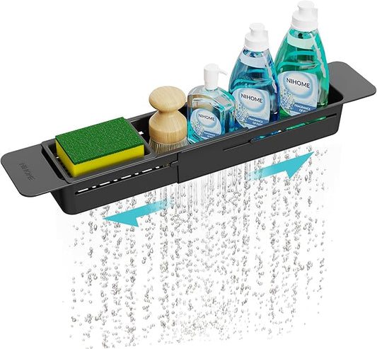 NiHome Extendable Sink Kitchen Organizer, Extra Long Telescopic Brush Storage Rack for Sponge, Non-Slip Pads Expandable Sink Caddy, Adjustable Sponge/Brush Rack with Drainage Durable ABS (Black) by NiHome