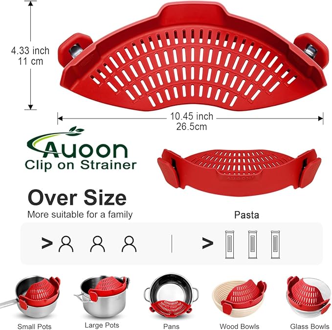 Large AUOON Clip on Strainer for All Pots and Pans - Oversized Silicone Pot Strainer Family-Style Design Pasta Strainer Kitchen Colander for Spaghetti and Noodles | Dishwasher Safe - Image 3