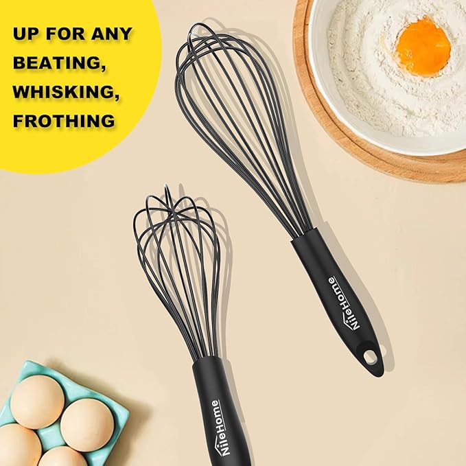 NileHome Silicone Whisk Set 8" 10" Kitchen Whisk Kitchen Wisk Wire Whisks for Cooking, Whisking, Blending, Beating, Stirring-Black - Image 7