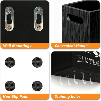 Small and Durable Wood Kitchen Utensil Holder with Removable Divider for Party and Countertop （black 2 Compartment）