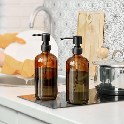 AmazerBath Amber Glass Soap Dispensers, 2 Glass Amber Pump Bottles, 17 Oz Dish Soap Dispenser, Kitchen Bathroom Hand Soap Dispensers for Hand Sanitiser, Shampoo, Lotion, Shower Gel Conditioner - Image 5
