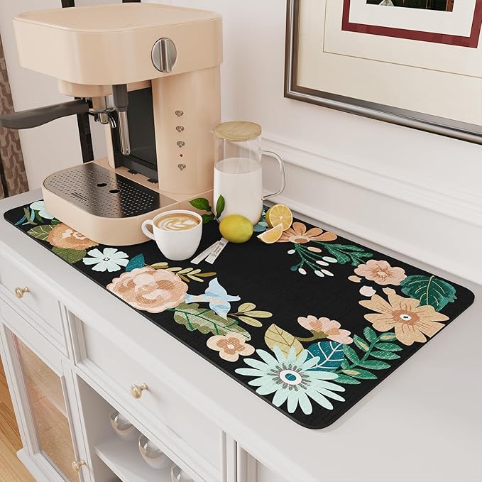 AMOAMI Coffee Mat Hide Stain Rubber Backed Absorbent Dish Drying Mat for Kitchen Counter - Fits Under Coffee Maker or Machine - Floral BLACK 17x31.5 by AMOAMI