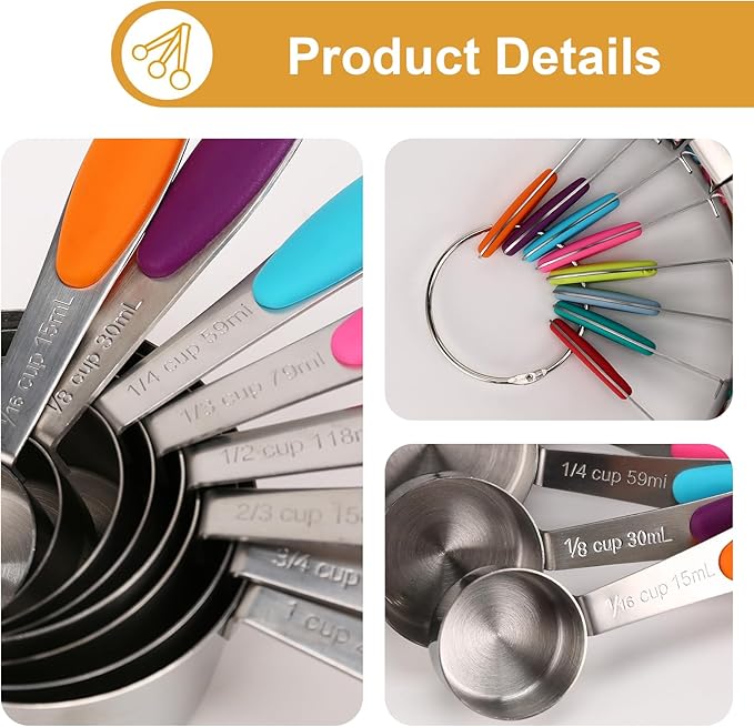 Stainless steel measuring cup set, consisting of 8 cups, suitable for cooking and baking. - Image 7