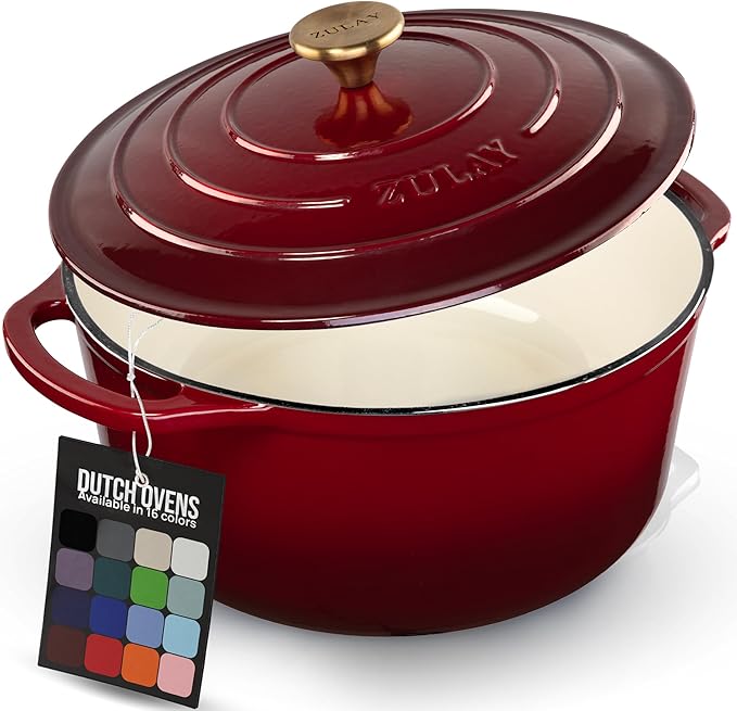 Zulay Kitchen 6 Quart Enameled Cast Iron Dutch Oven Pot with Lid – Premium Durability & Oven Safe up to 500°F – Heavy Duty Cookware Perfect for Bread Baking, Stews, Braising & Roasting – Garnet by ZulayKitchen