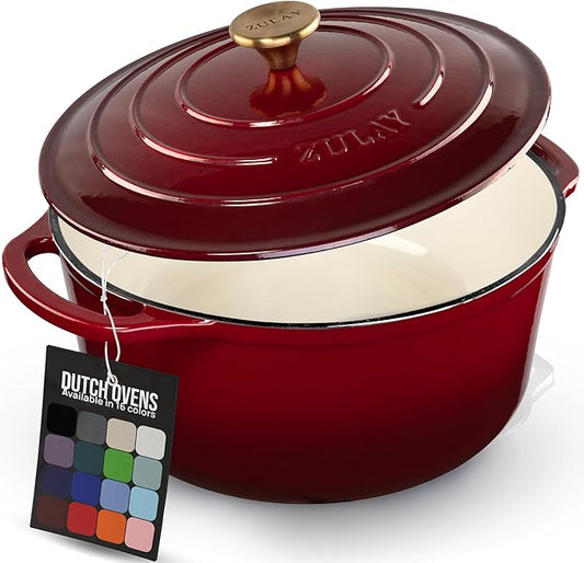 Zulay Kitchen 6 Quart Enameled Cast Iron Dutch Oven Pot with Lid – Premium Durability & Oven Safe up to 500°F – Heavy Duty Cookware Perfect for Bread Baking, Stews, Braising & Roasting – Garnet by ZulayKitchen