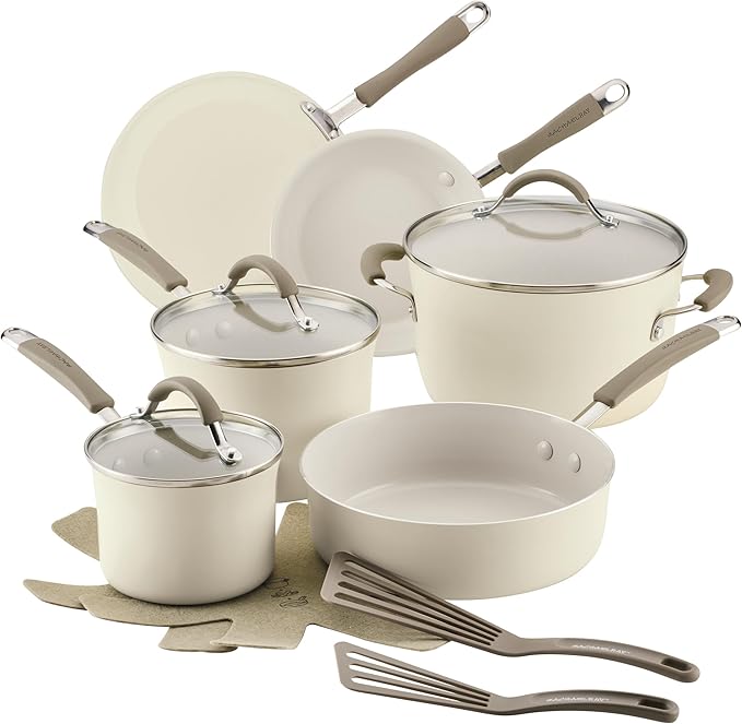 Rachael Ray Cucina Ceramic Cookware Set - 13 Pieces - Ceramic Pots and Pans Set w/Nonstick Frying Pans, Saute Pan, Saucepans, Stockpot, Lids, Pan Protectors & Cooking Utensils - Almond by RachaelRayKitchenware