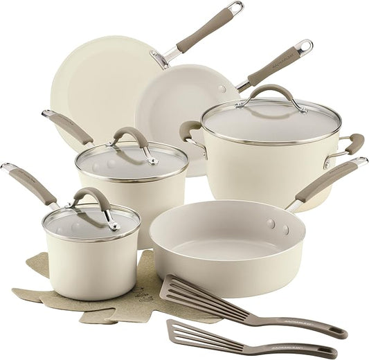 Rachael Ray Cucina Ceramic Cookware Set - 13 Pieces - Ceramic Pots and Pans Set w/Nonstick Frying Pans, Saute Pan, Saucepans, Stockpot, Lids, Pan Protectors & Cooking Utensils - Almond by RachaelRayKitchenware