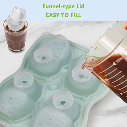 Cute Owl Ice Cube Mold, Owl Shapes Ice Cube Tray, Silicone Ice Mold Fun Shapes, Make 4 Large Owl Ice Balls for Whiskey Cocktails Drinks, Green