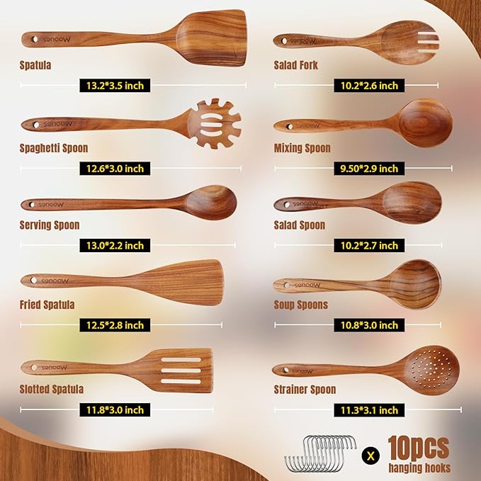 Wooden Spoons for Cooking, 10PCS Teak Wood Cookware Utensil Set with Hooks - Smooth Finish, Non-Stick, Comfortable Grip, Heat Resistant Kitchen Utensils - Image 3