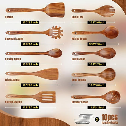 Wooden Spoons for Cooking, 10PCS Teak Wood Cookware Utensil Set with Hooks - Smooth Finish, Non-Stick, Comfortable Grip, Heat Resistant Kitchen Utensils - Image 3