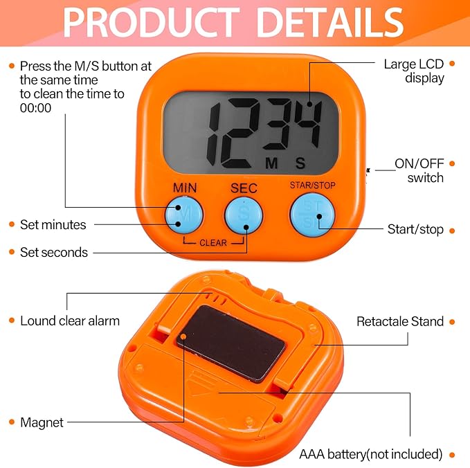 Weewooday 24 Pcs Digital Kitchen Timer Magnetic Timer Bulk On/Off Switch Minute Second Count up Countdown Loud Alarm for Exercise Cook Baking (Pink,Orange) - Image 6
