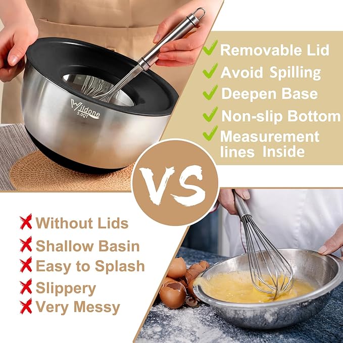 Wildone Mixing Bowls with Airtight Lids, 27 PCS Stainless Steel Nesting Bowls, with 3 Grater Attachments, Scale Mark & Non-Slip Bottom, Size 5, 4, 3, 2, 1.5, 1, 0.63QT, Ideal for Mixing & Prepping - Image 3