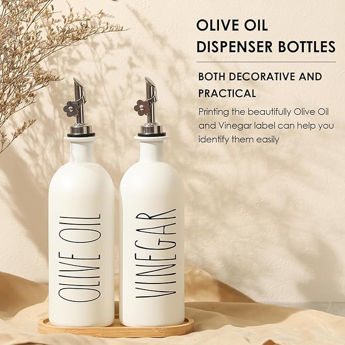 HOMCDALY 16oz Olive Oil Dispenser Bottles for Kitchen, White Oil and Vinegar Dispenser Set, Two Olive Oil Bottles with Bamboo Tray | Set of 2 (16oz-P-White) - Image 4