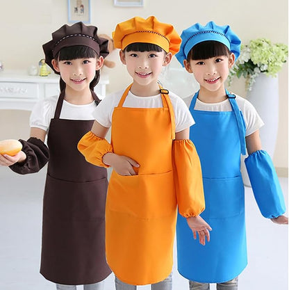 Kids Apron Set Chef Hat Sleeve Outfit Costume Toddler Girl Boy Aprons Cooking Baking Painting 5-13 years old