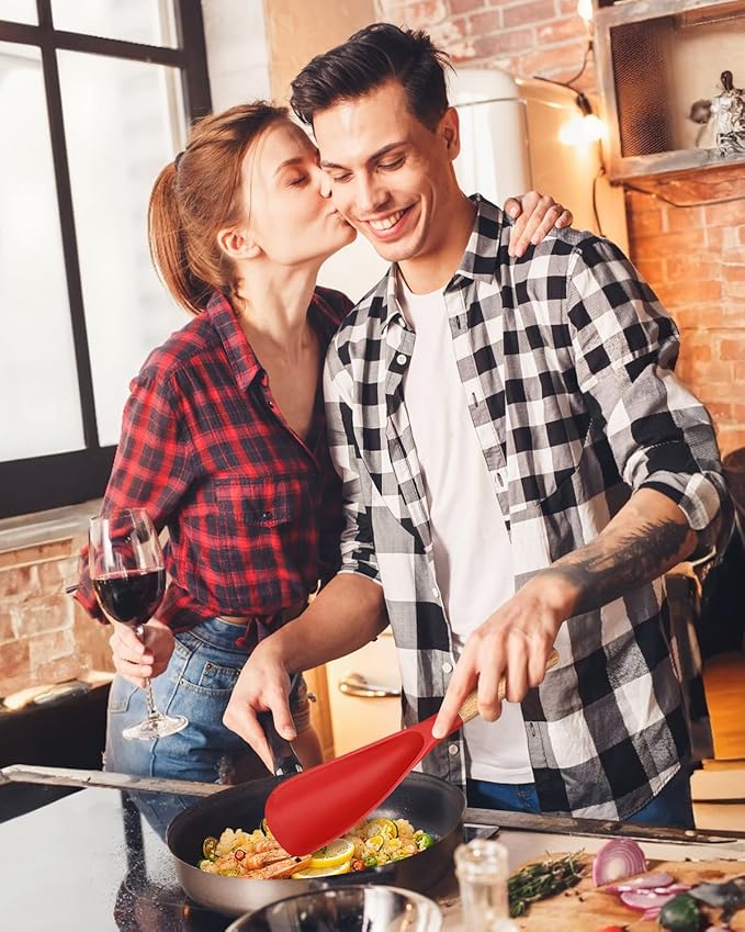 Cooking Spoon for Nonstick Cookwares, Great for Cooking and Serving Sturdy BPA-Free Matte Silicone, Wood Handle Spoon for Mixing, Scoop, and Scrape (Black & Red, 11.4 inch) - Image 6
