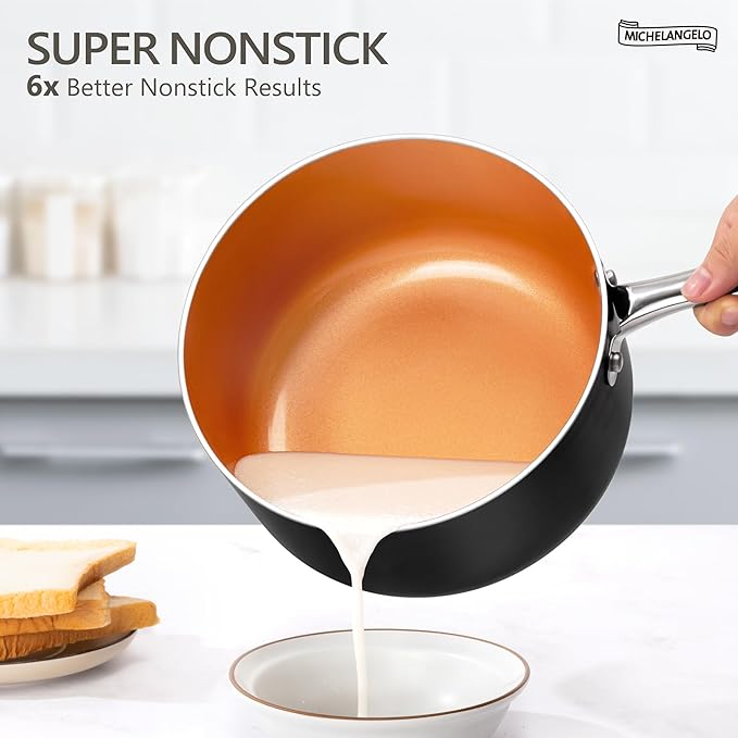 MICHELANGELO 4 Quart Saucepan with Lid - Ultra Nonstick Sauce Pan with Ceramic Coating, 4 Qt Non Stick Pot Induction Compatible, Copper - Image 2