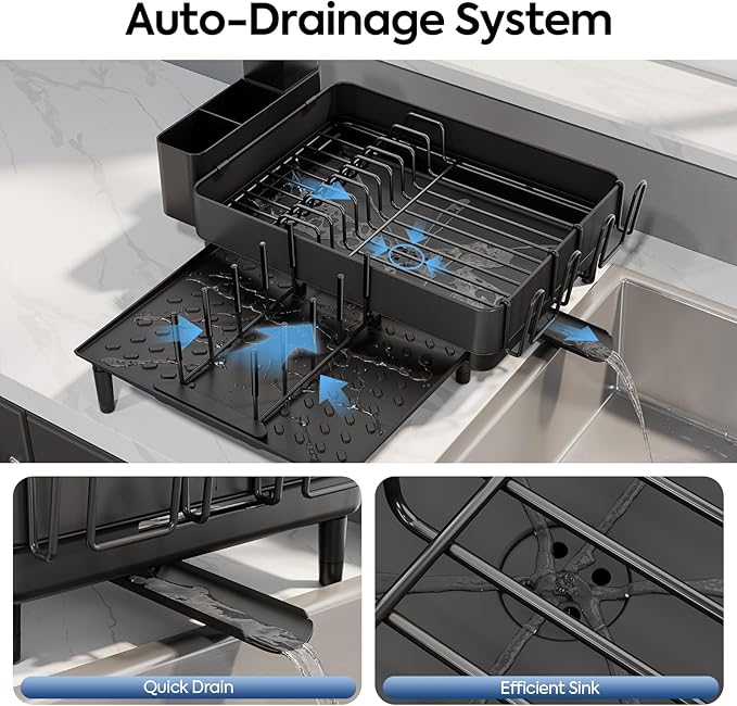 Expandable Dish Rack with Drainboard - Stainless Steel Dish Drainer with Removable Cutlery Tray, Foldable Cup Holder, Elevated Feet, Multifunctional Drainboard for Sink Countertop Kitchen Storage - Image 3