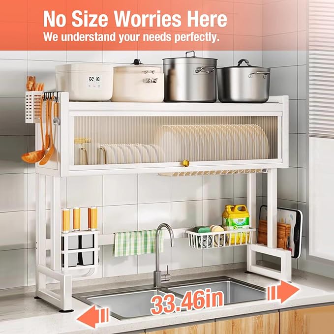 Milkshake White 3 Tier Over Sink Dish Rack Drainer with Cover - Space-Saving Organized Drying Rack for Dishes, Glasses, Bowls, Cutlery - Image 4