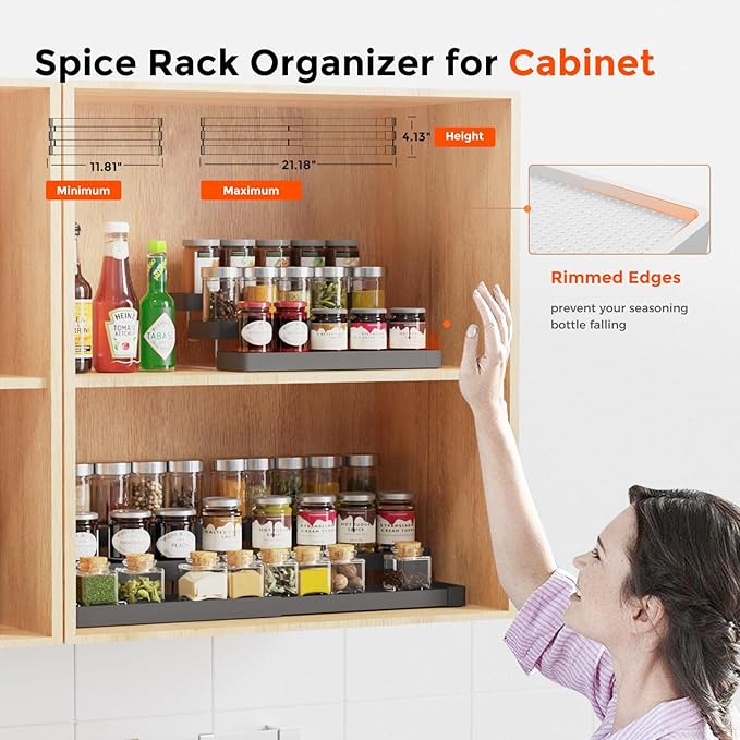 Expandable Spice Rack Organizer - 3 Tier Adjustable Spice Organizer for Cabinet & Countertop - Easy Visibility - Black - Image 3
